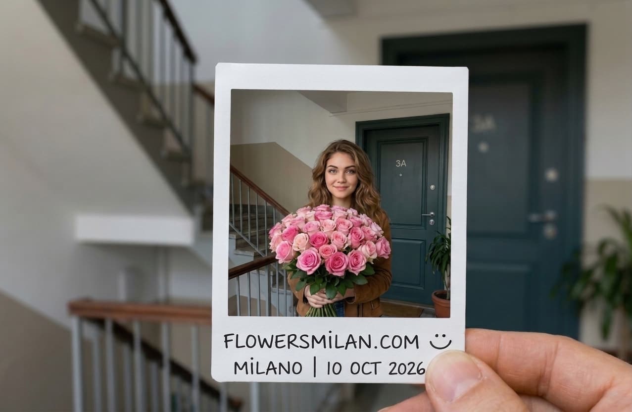 Example Polaroid-style keepsake of pink roses with a handwritten date